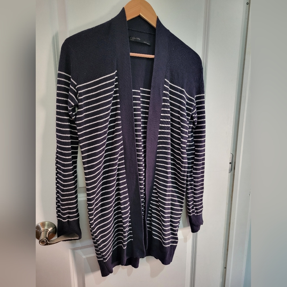 All Saints Dark Blue and White Striped Cardigan